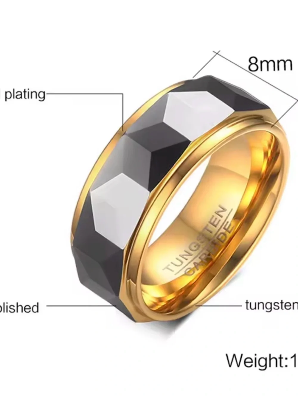 Wide Faceted Cut Geometric Tungsten Carbide Wedding Rings For Men
